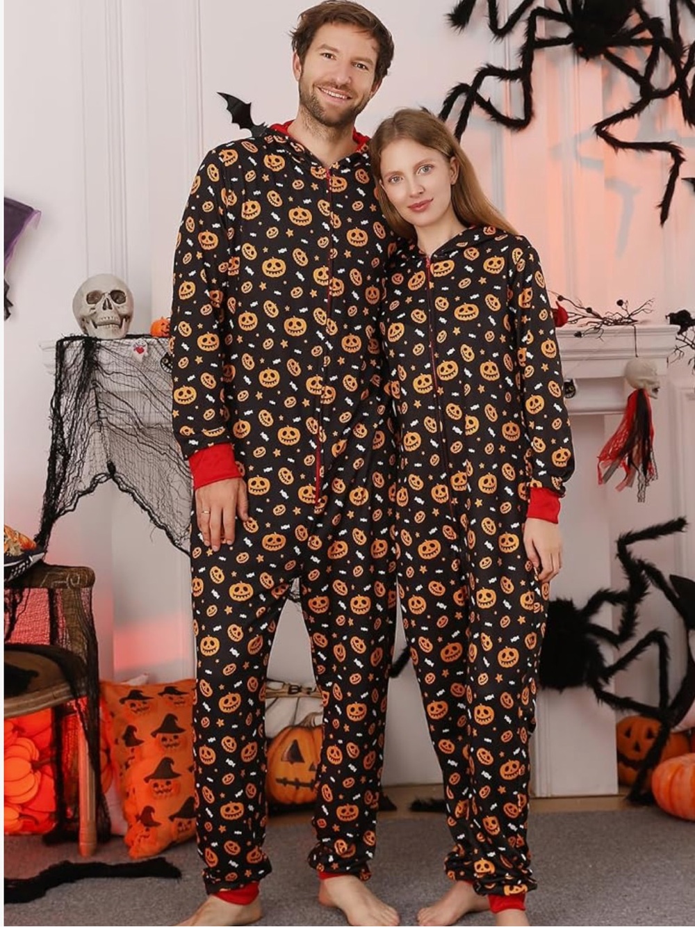 Halloween Pumpkin Print Hooded pijama jumpsuit size men's large